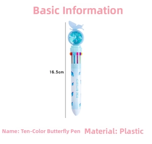 Detail view of pink butterfly ten-color ballpoint pen with 10 multicolor toggle tips