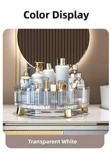 Detailed view of luxury rotating clear cosmetic organizer with gold metal feet