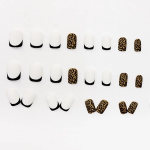 24pcs matte black French tip and leopard print press-on nails with golden foil accents
