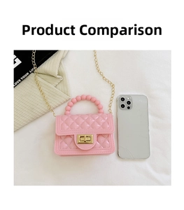 Pink mini PVC jelly bag size comparison with smartphone and faux pearl handle