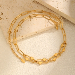 Minimalist double-layer golden paperclip necklace with heart pendants and K18 hallmark