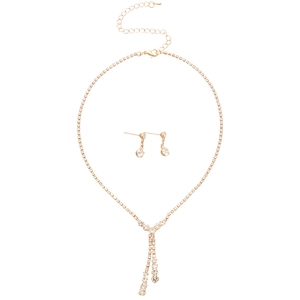 Elegant gold rhinestone necklace and teardrop earrings set with sparkling crystal finish