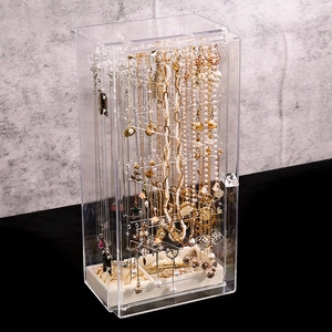 Transparent acrylic jewelry organizer box for necklaces with velvet lining 45-degree view