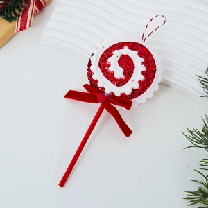 Red and white glitter foam Christmas lollipop ornament with velvet bow for tree decoration
