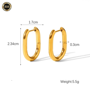 Detailed size specifications and 316L stainless steel material marks for U-shaped gold earrings