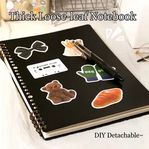 Black DIY refillable notebook with bronze metal double coil and creative stickers