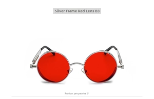 Steampunk sunglasses with round red lenses and silver metal frame featuring spring details