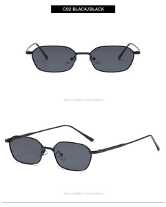 Detail view of small polygonal black sunglasses with metal frame and silicone nose pads