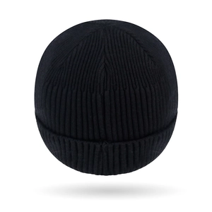 Black ribbed knit winter beanie with cuffed edge for cold weather outdoor protection