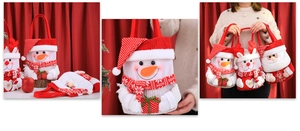 Three 3D plush Christmas gift bags with Santa, snowman and reindeer on red backdrop
