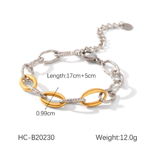 Macro shot of two-tone gold and silver chain link bracelet showing 17cm plus 5cm length detail