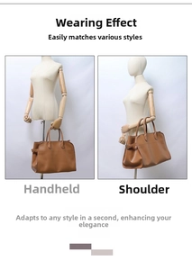 Brown leather tote bag detail showing hand-carry and wrist-carry styles on model