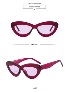 Vues macro de face et de profil de lunettes de soleil œil de chat violettes transparentes