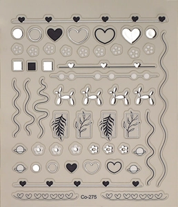 Macro view of 5D nail art stickers with silver heart and irregular line patterns