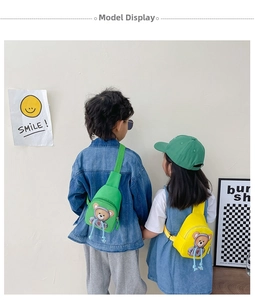 Kids cute cartoon bear crossbody bags in vibrant green and yellow colors for outdoors