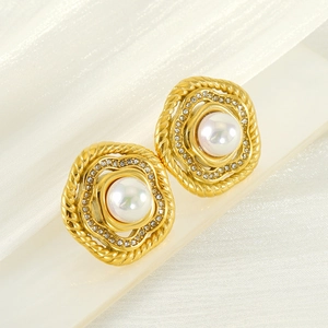Elegant gold titanium steel pearl earrings with micro-inlaid zircon and spiral texture