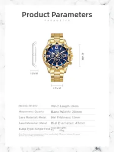 Spezifikationen für goldene Herrenuhr mit blauem Zifferblatt.