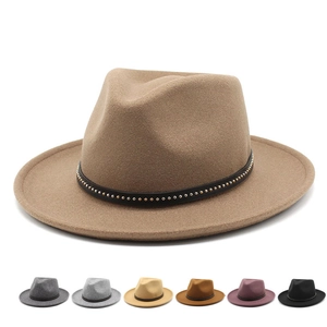 Classic Woolen Felt Fedora Hat For Men Women Vintage Wide Brim Jazz Hat With Rivet Belt Winter Autumn Formal Church Hat
