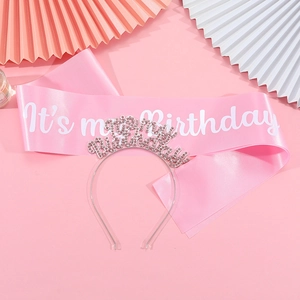 Pink satin 'It's my Birthday' sash and matching silver rhinestone headband set