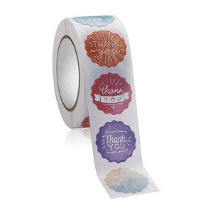 Roll of floral Thank You stickers in multiple colors for decorative gift packaging