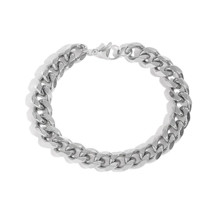 Detailed view of silver stainless steel 11mm Cuban chain bracelet with lobster clasp