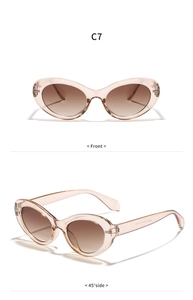 Detailed front and 45-degree side view of oval champagne sunglasses with brown gradient lenses