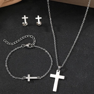 Vintage stainless steel cross jewelry set including necklace bracelet and stud earrings