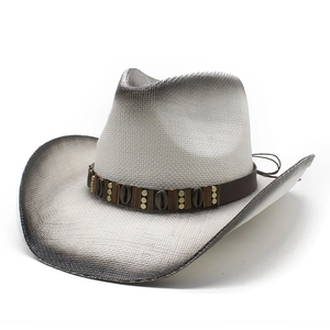 Classic woven western cowboy hat with grey gradient finish and beaded leather band