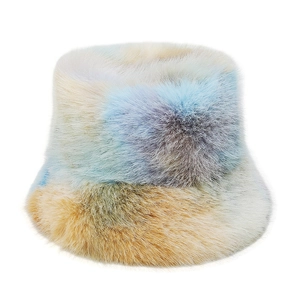 Close-up of soft colorful tie-dye faux mink fur texture on a warm winter bucket hat
