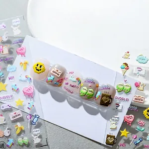 Embossed Nail Art Stickers Pixel Cartoon Style Self Adhesive Decals For DIY Manicure Cute Hearts And Smiles