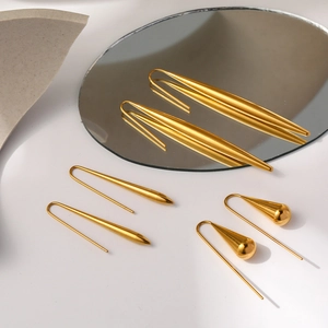 Minimalist 18K gold-plated stainless steel long hook earrings in three geometric shapes