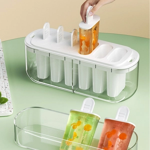 8-cell transparent ice pop mold box with white lids and sticks for homemade fruit popsicles