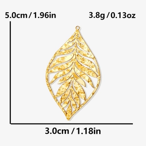 Detailed view of hollow gold leaf pendant with 5.0cm height and 3.0cm width dimensions