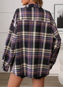 Rear view of a casual oversized plaid flannel shirt with a long-line back hem