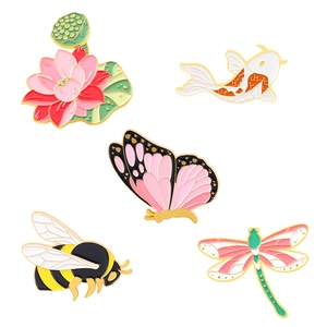 Five-piece enamel pin set featuring dragonfly, bee, lotus flower, koi fish and butterfly