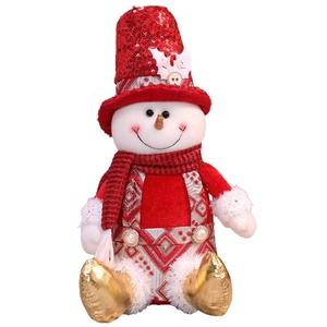 Christmas snowman plush doll with red sequin hat and gold metallic boots on white background