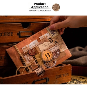 Detail of vintage craft paper scrapbooking cards with wax seals, stamps and twine