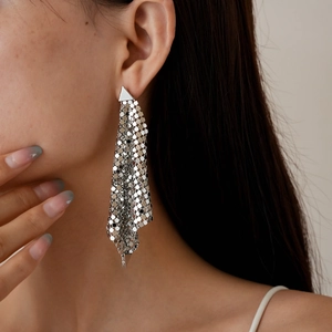 Detailed view of silver mesh fringe earrings featuring geometric metallic texture on a model