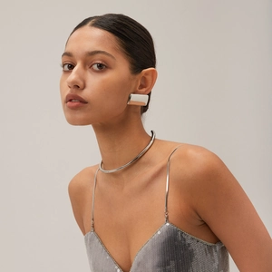 Minimalist silver rectangular mirror-finish earrings and sleek choker necklace for women