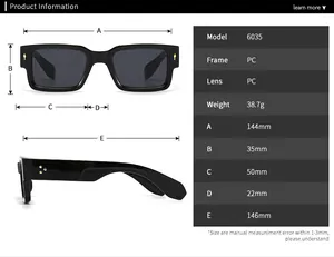 Detailed size chart for square sunglasses with 144mm frame width and 35mm height specs