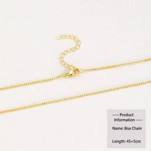 Detailed view of a gold-plated box chain necklace with a lobster clasp and extension