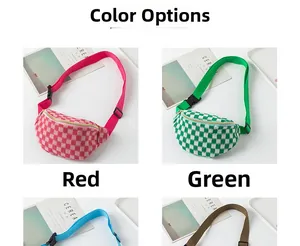 Checkerboard fanny pack color options featuring red, green, blue and brown woven textures