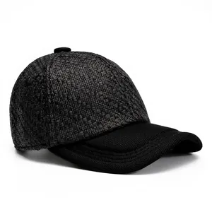 Fashionable black straw woven baseball cap with a wide brim for sun protection