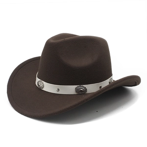 Dark brown western cowboy felt hat with white leather band and silver ornaments