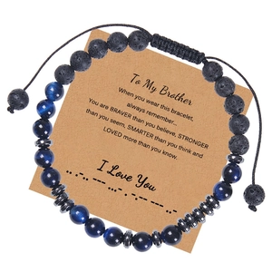 Morse Code Bracelet Natural Blue Tiger Eye Lava Stone Hematite Beads Handmade Woven Adjustable Inspirational Jewelry Gift For Men