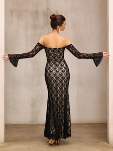 Elegant off-shoulder black floral lace midi dress with long bell sleeves for parties