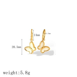 Minimalist 18k gold butterfly hoop earrings with white inlay and measurements