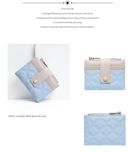 Detailed views of light blue quilted leather wallet with gold hardware and snap closure