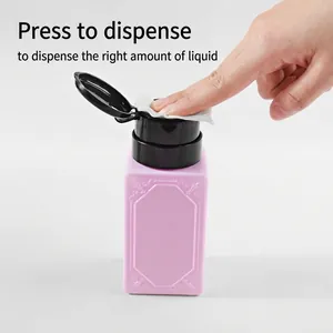 Purple macaron nail polish remover pump bottle with embossed design and black flip cap