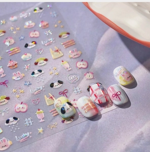 Detail of 3D embossed rabbit and star nail art stickers on a soft lilac background